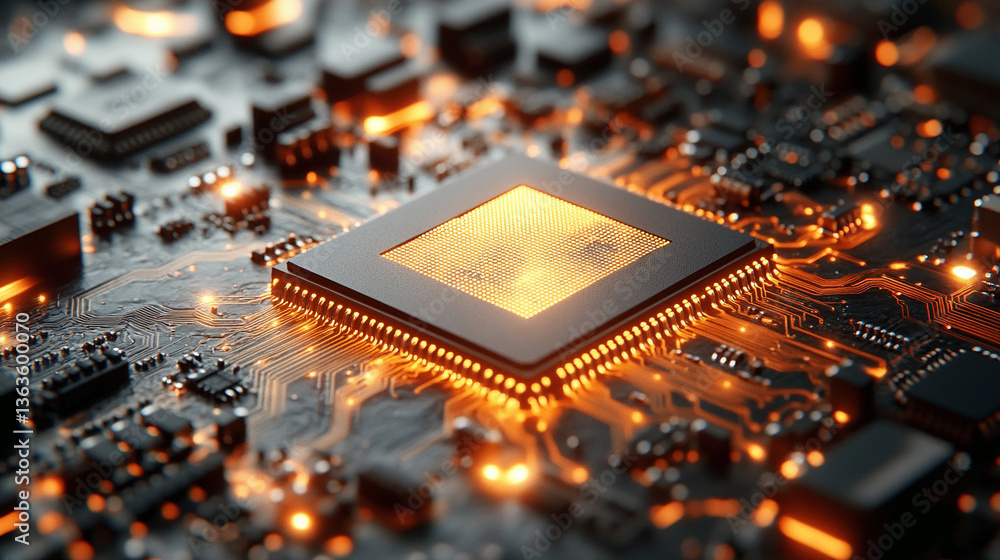 Poster microchip at the center, encircled by dynamic, glowing data streams, symbolizing technological progr