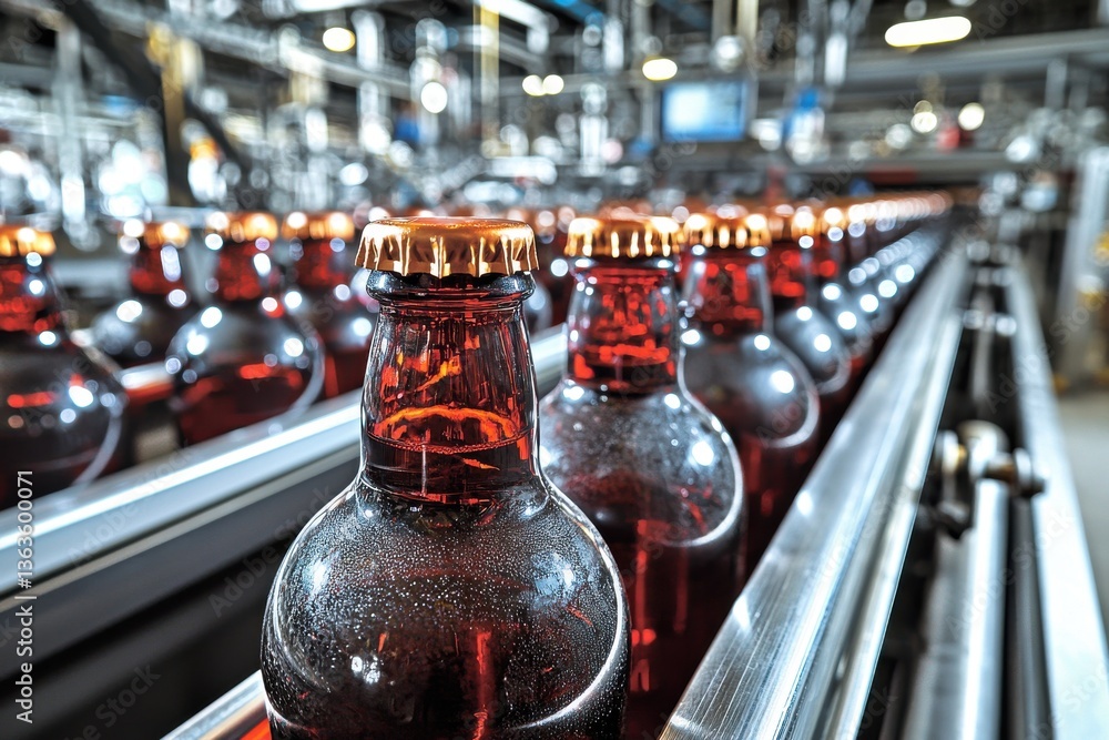 Poster bottles of beer on a conveyor belt in a brewery, showcasing the mass production and automation proce