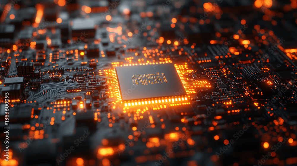 Poster microchip at the center, encircled by dynamic, glowing data streams, symbolizing technological progr