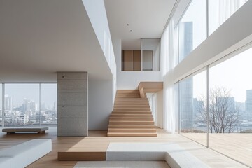 Modern minimalist interior design featuring wooden stairs and large windows in urban setting