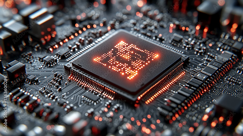 Poster microchip at the center, encircled by dynamic, glowing data streams, symbolizing technological progr