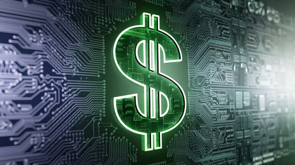 Green glowing dollar sign on circuit board background, symbolizing digital finance, online banking, or cryptocurrency technology