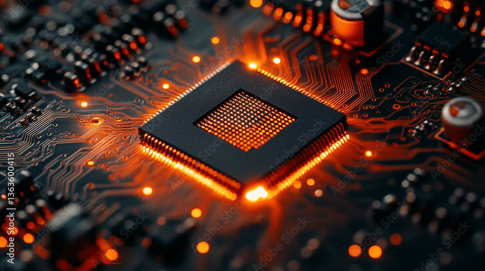 Poster microchip at the center, encircled by dynamic, glowing data streams, symbolizing technological progr
