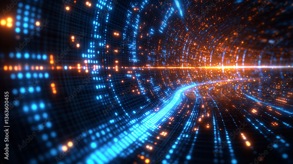 Poster microchip at the center, encircled by dynamic, glowing data streams, symbolizing technological progr