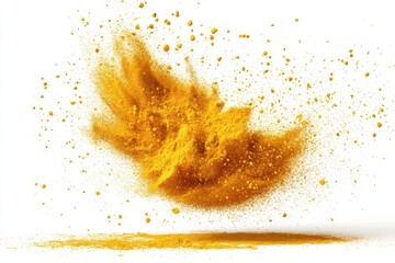 Obraz premium Explosion of vibrant yellow powder against a clean white backdrop in a dynamic composition