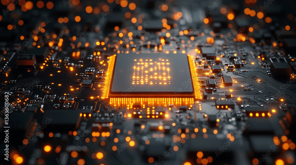 Poster microchip at the center, encircled by dynamic, glowing data streams, symbolizing technological progr