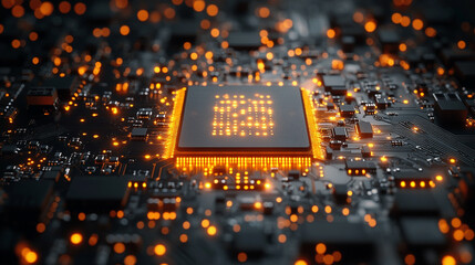 microchip at the center, encircled by dynamic, glowing data streams, symbolizing technological progress and innovation in modern computing and digital transformation