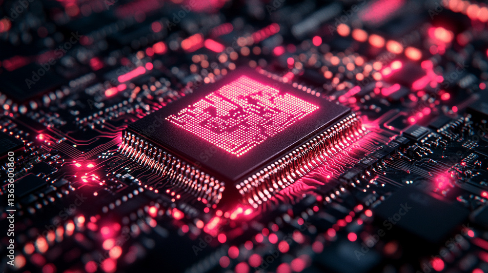 Poster microchip at the center, encircled by dynamic, glowing data streams, symbolizing technological progr