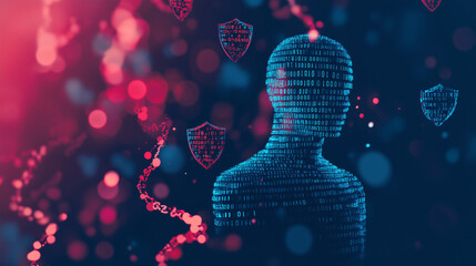 Stylized human figure made of binary code personal data protection concept in red and blue colors