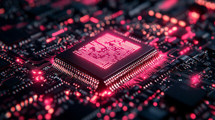 microchip at the center, encircled by dynamic, glowing data streams, symbolizing technological progress and innovation in modern computing and digital transformation