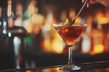 Elegant brown cocktail in a martini glass being stirred with a spoon, garnished with lemon zest, ready to be served in a dimly lit, upscale bar atmosphere.