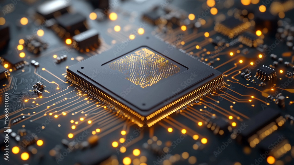 Poster microchip at the center, encircled by dynamic, glowing data streams, symbolizing technological progr