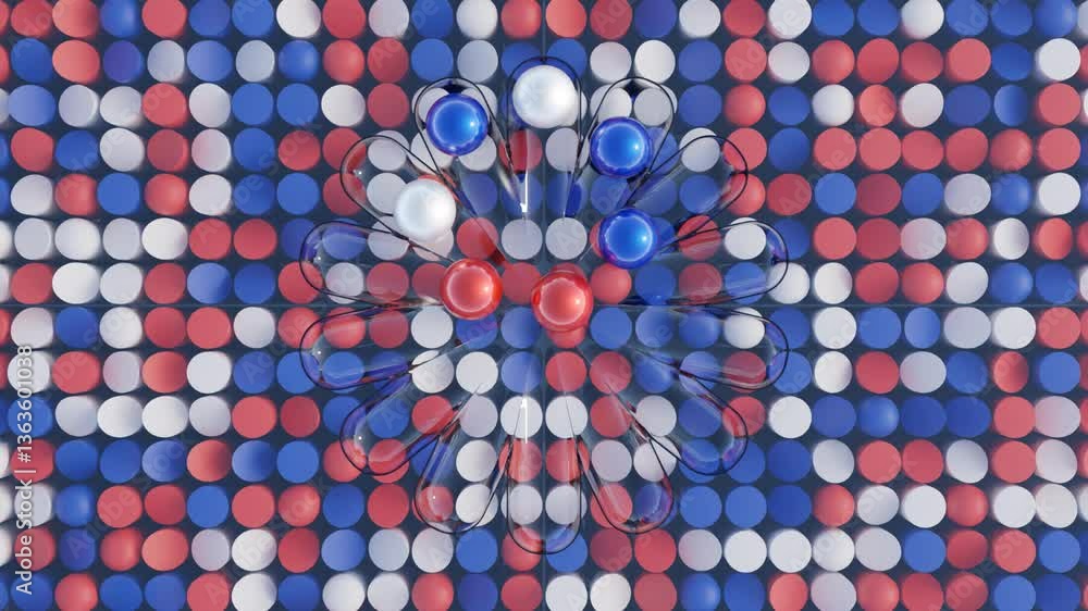 Poster abstract 3d animation, elegant rotation of colored balls on clean surface, seamless loop for digital