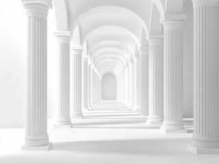 White Corridor with Symmetrical Pillars – Bright and Modern Architectural Background