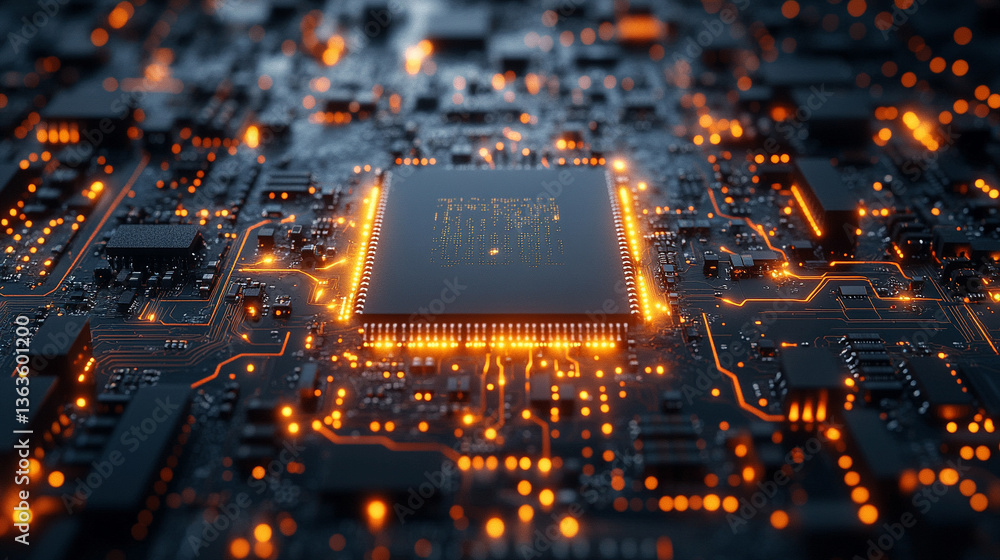 Poster microchip at the center, encircled by dynamic, glowing data streams, symbolizing technological progr