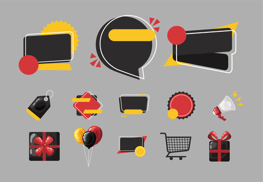 Black Red Discount Label Gift Balloon Icons Set