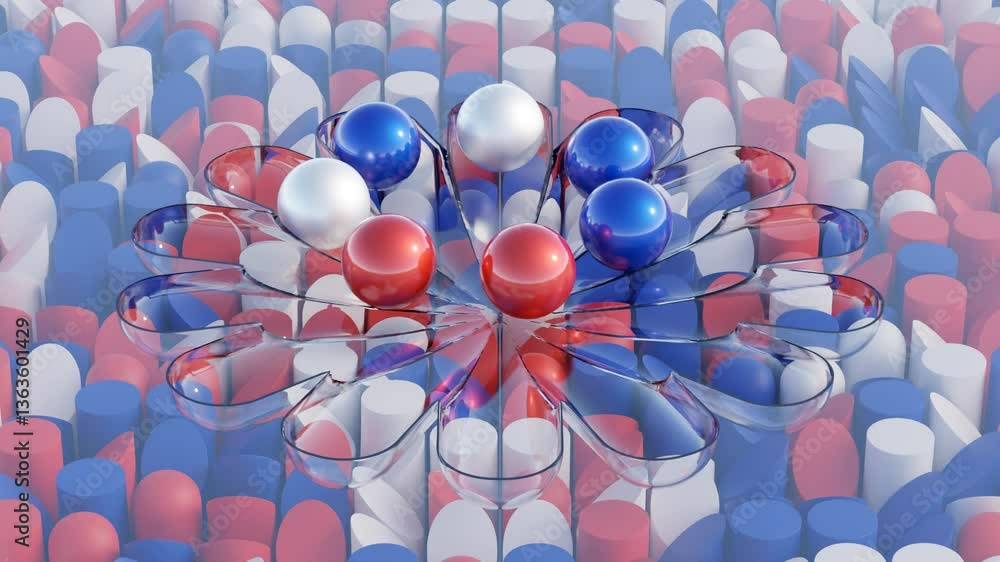 Poster abstract 3d render, floating glossy spheres in patriotic color palette, seamless loop for creative c