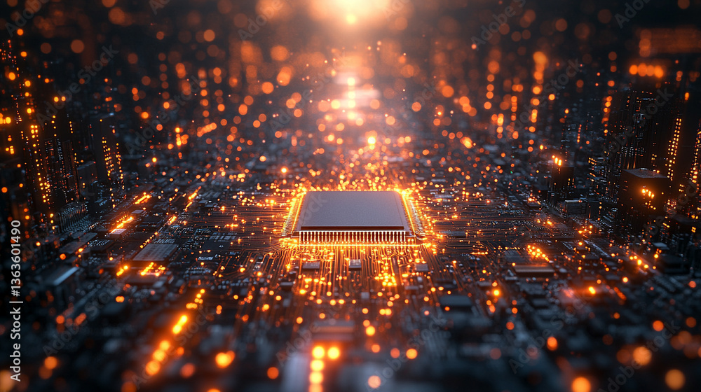 Poster microchip at the center, encircled by dynamic, glowing data streams, symbolizing technological progr