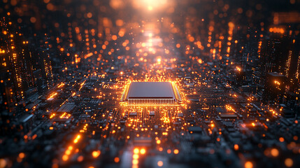 microchip at the center, encircled by dynamic, glowing data streams, symbolizing technological progress and innovation in modern computing and digital transformation