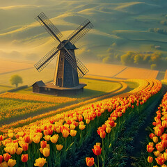 Plantations of orange-yellow tulips against the backdrop of a mill and misty green hills.