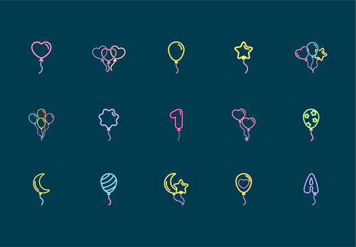 Neon Party Balloon Heart Star Helium Celebration Illustration Set