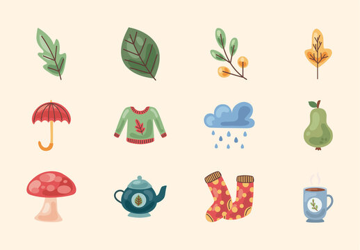 Colorful Fall Season Cozy Leaf Tea Mushroom Icons Set