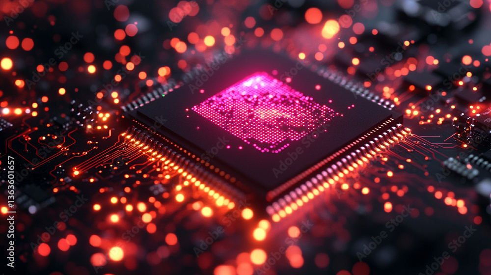 Poster microchip at the center, encircled by dynamic, glowing data streams, symbolizing technological progr