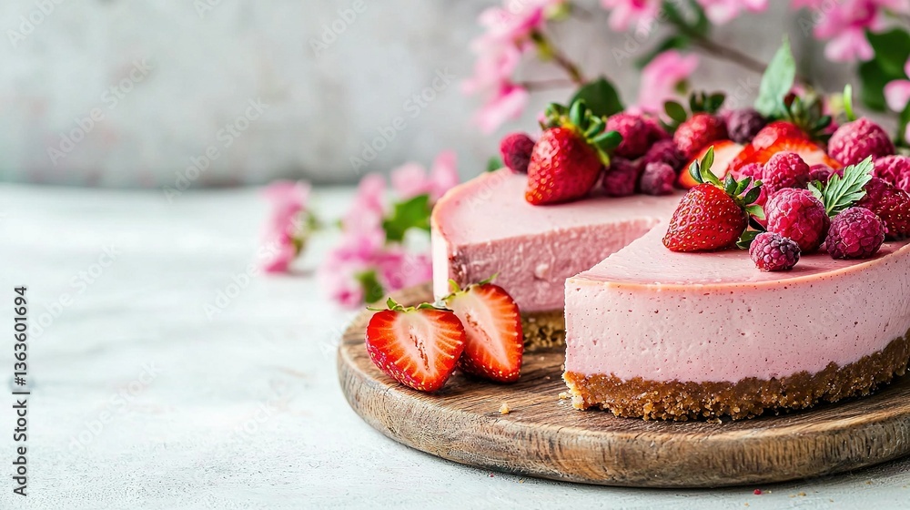 Poster a close-up shot of a cake on a plate with strawberries placed beside it the background features an a
