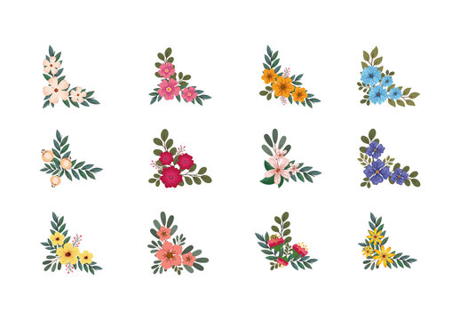 Red Pink Yellow Botanical Leaves Corner Decoration Illustration Set