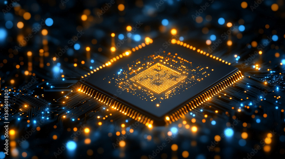 Poster microchip at the center, encircled by dynamic, glowing data streams, symbolizing technological progr
