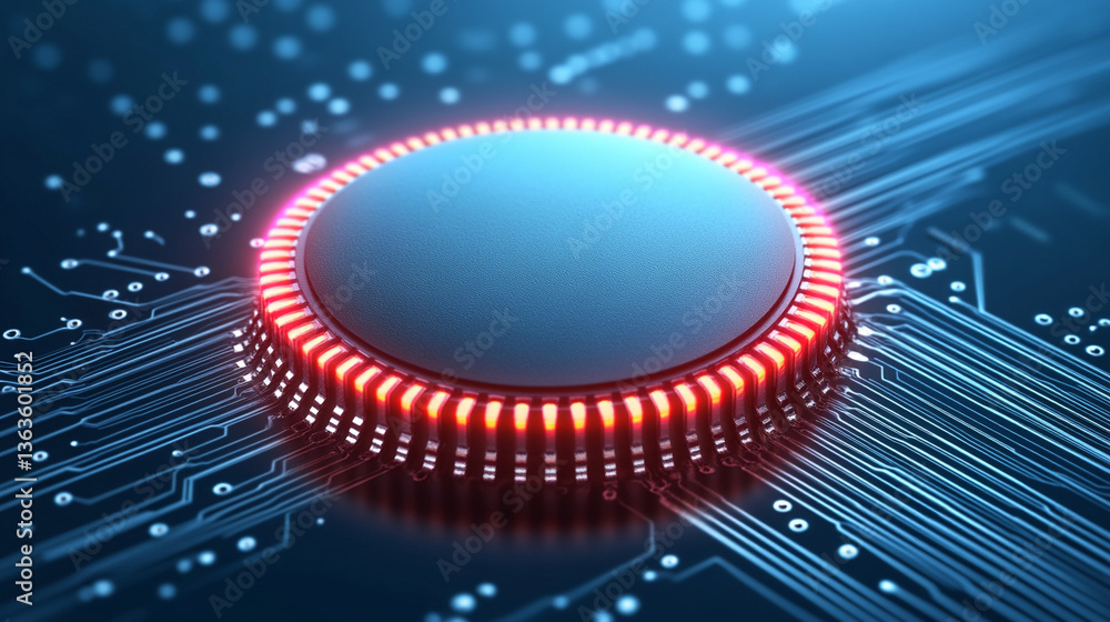 Poster microchip at the center, encircled by dynamic, glowing data streams, symbolizing technological progr