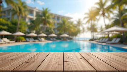 Fototapeta premium Empty smooth bamboo table top stands for display product against blurry background of the tropical coast with palm trees, blue sky and green hills. Resort hotel, relaxing vacation on the ocean.