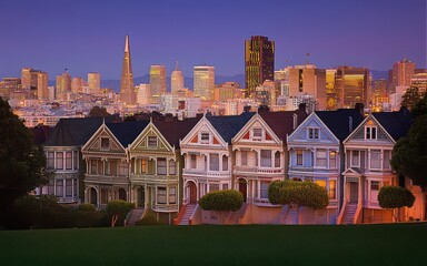 Charming pastel Victorian houses nestled on a hill overlooking San Francisco's vibrant city skyline at twilight, bathed in soft, warm light.
