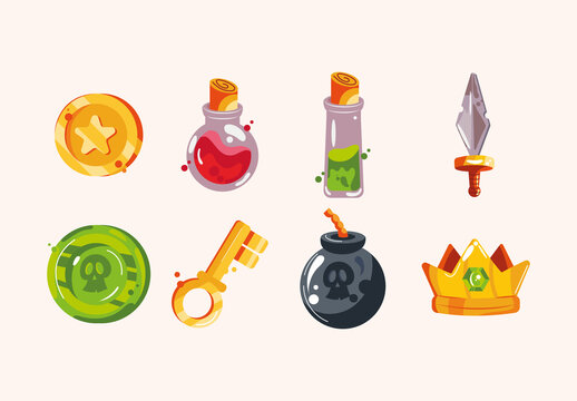 Yellow Red Gaming Icons Weapons Powerup Pixel Style Set