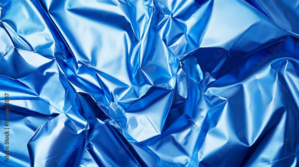 Poster a close up shot of crumpled blue foil reflecting light creating an abstract metallic background text