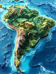 South America 3D render showing land, mountainous terrain, and the surrounding bright blue ocean