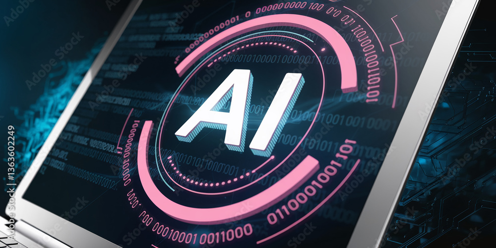 Poster laptop screen displays ai symbol within a pink circular interface, binary code background, showcasin