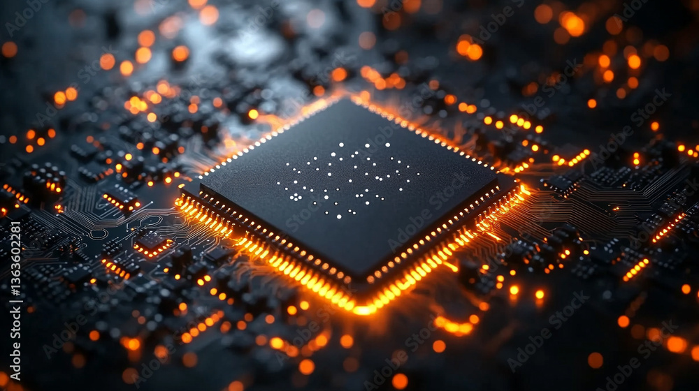 Poster microchip at the center, encircled by dynamic, glowing data streams, symbolizing technological progr
