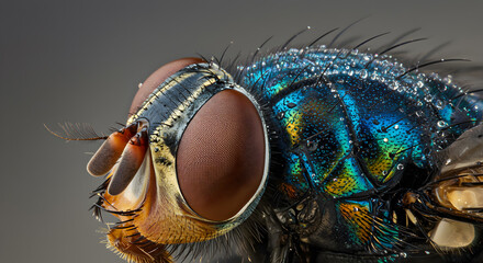 Intricate macro shot showcasing the iridescent exoskeleton of a blowfly anatomy