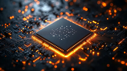 microchip at the center, encircled by dynamic, glowing data streams, symbolizing technological progress and innovation in modern computing and digital transformation