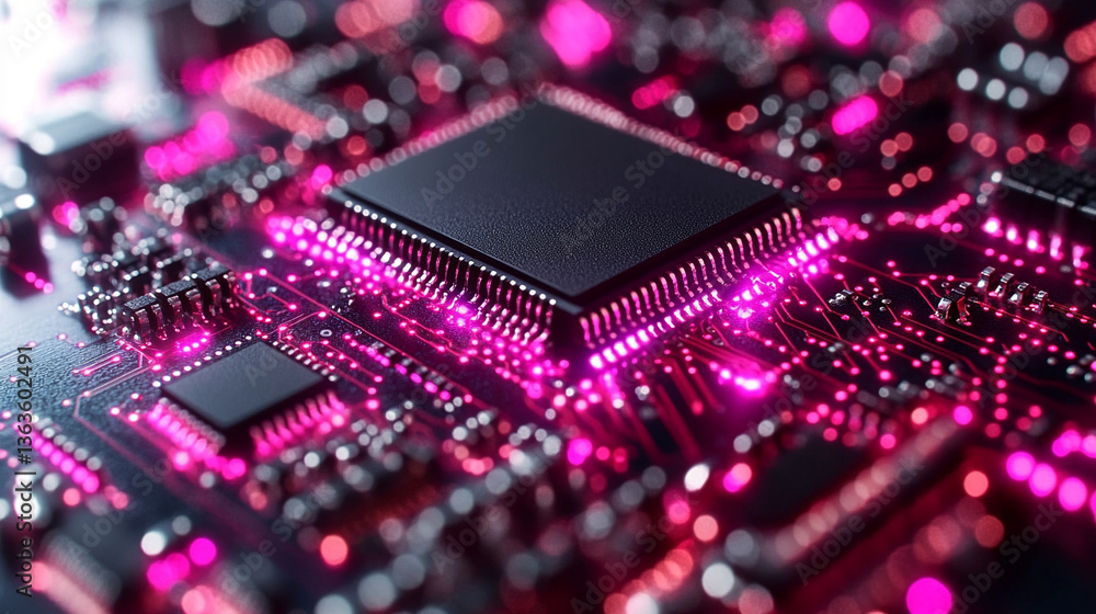 Poster microchip at the center, encircled by dynamic, glowing data streams, symbolizing technological progr