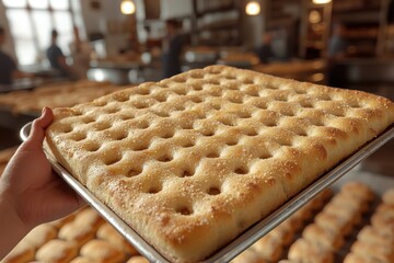 A close-up shot of a freshly baked focaccia bread on a tray, showcasing its golden crust and dimpled surface in a vibrant bakery setting.