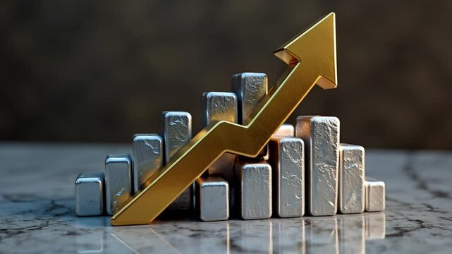 Animated silver ingots forming a stock market graph with a shiny gold arrow going up representing the increase in value of precious metals, business trading and investment background