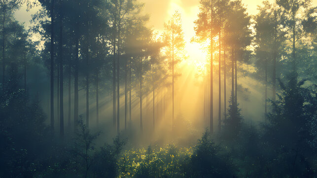 Sunbeams through misty forest, tranquil dawn. nature background ideal for serenity themes. Hushed Awakening. Illustration