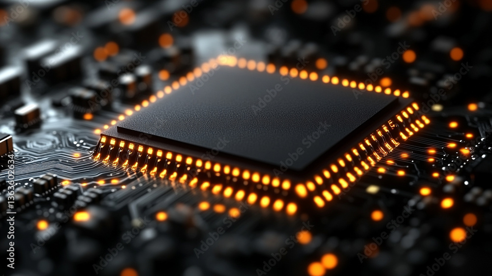 Poster microchip at the center, encircled by dynamic, glowing data streams, symbolizing technological progr