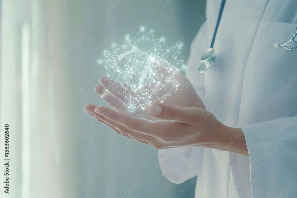 Poster a person in a white lab coat extending a hand with dots arranged in the center