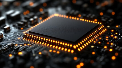 microchip at the center, encircled by dynamic, glowing data streams, symbolizing technological progress and innovation in modern computing and digital transformation