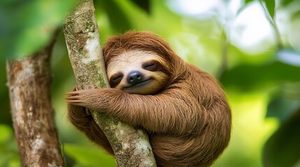 Fototapeta premium Adorable brown sloth sleeping peacefully on a tree branch, nestled in lush green foliage with a serene expression