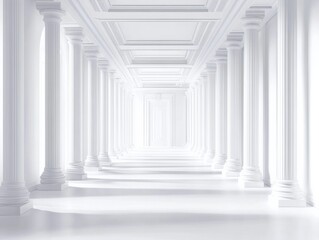 White Corridor with Symmetrical Pillars – Bright and Modern Architectural Background