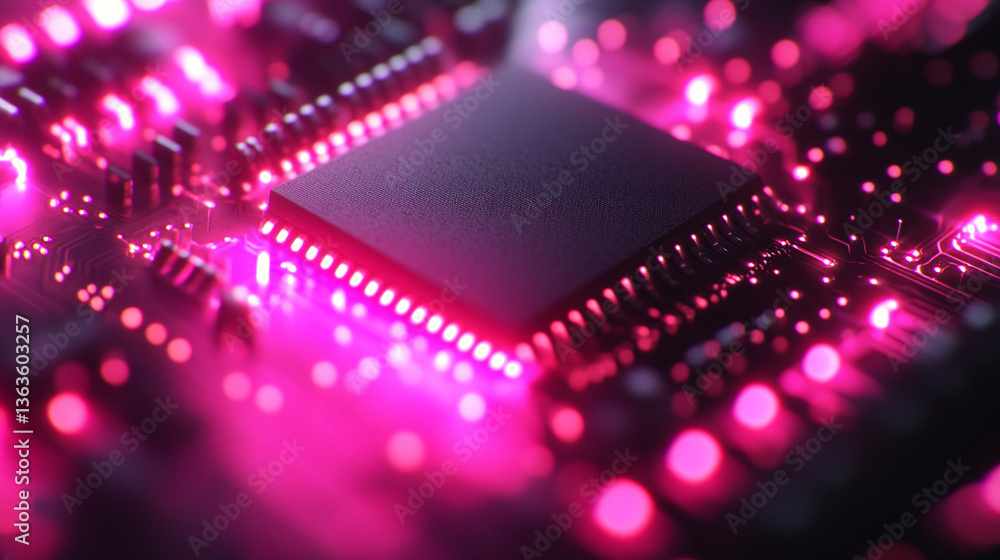 Poster microchip at the center, encircled by dynamic, glowing data streams, symbolizing technological progr